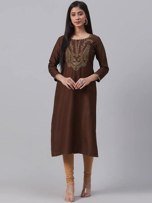 vaamsi brown cotton embellished straight kurta