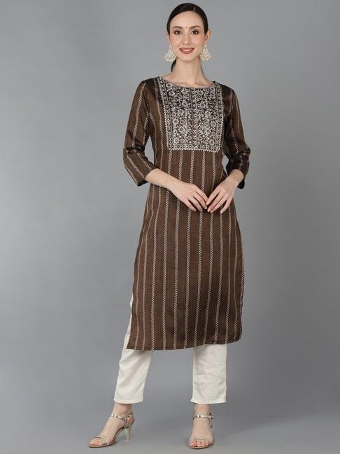 vaamsi brown cotton embroidered straight kurta