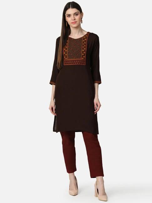 vaamsi brown cotton embroidered straight kurti