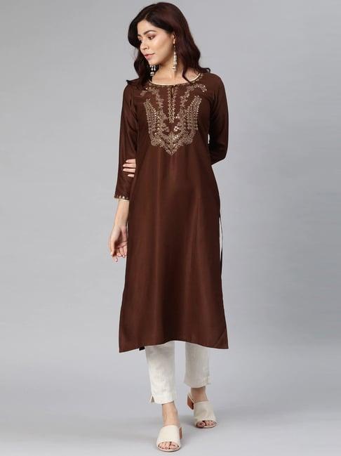 vaamsi brown embellished straight kurta
