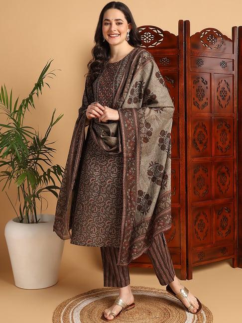 vaamsi brown printed kurta with pant & dupatta