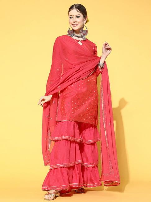 vaamsi coral woven pattern kurti sharara set with dupatta