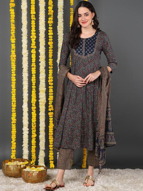 vaamsi dark blue printed kurta with pant & dupatta