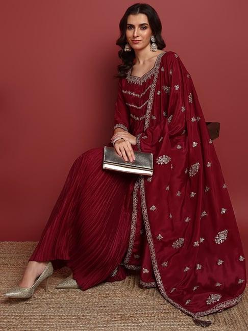 vaamsi dark mauve silk embroidered kurta with pant & dupatta