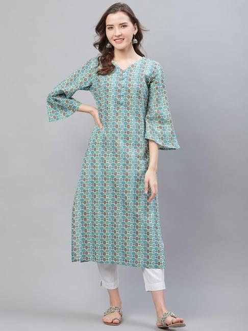 vaamsi green & blue cotton printed straight kurta