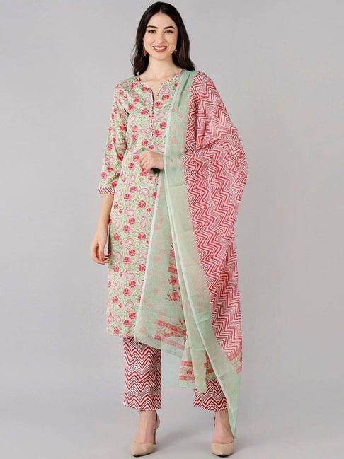 vaamsi green & red floral print kurta pant set with dupatta