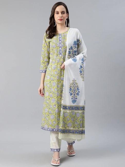 vaamsi green & white cotton floral print kurta pant set with dupatta