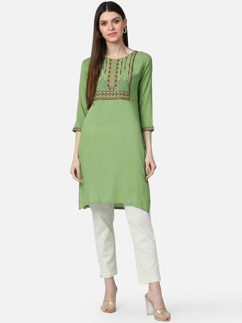 vaamsi green cotton embroidered straight kurti