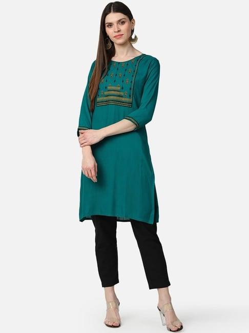 vaamsi green cotton embroidered straight kurti