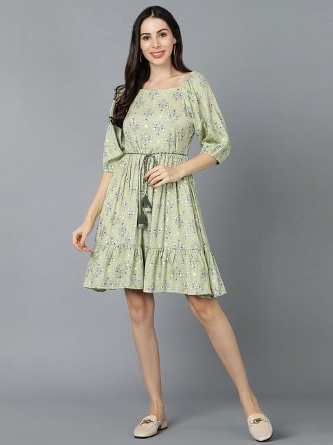 vaamsi green cotton floral print a-line dress