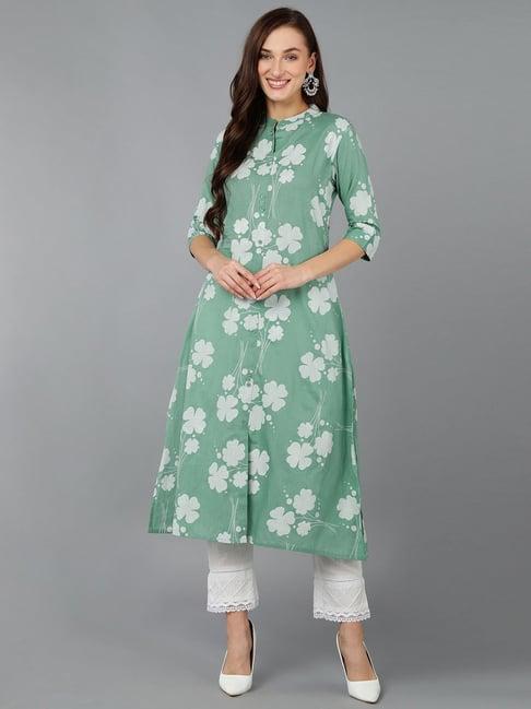 vaamsi green cotton floral print a line kurta