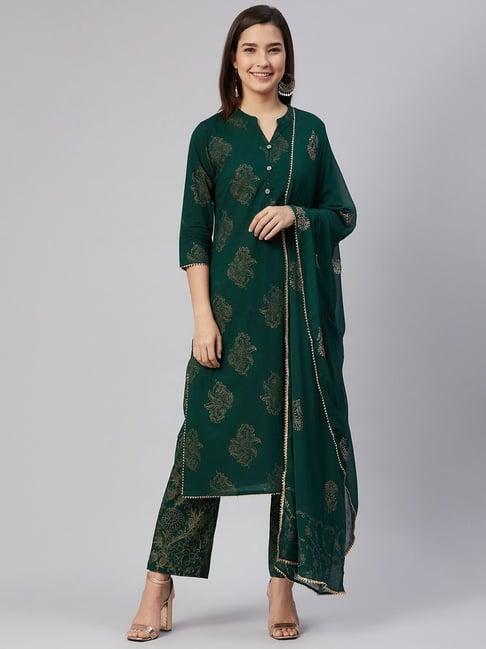 vaamsi green cotton floral print kurta pant set with dupatta