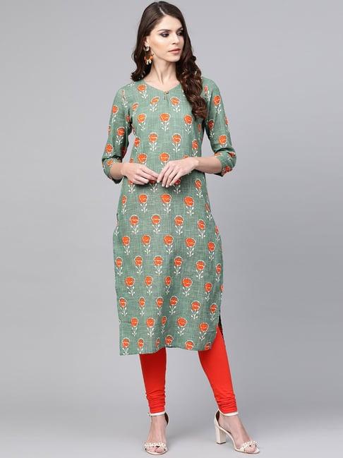 vaamsi green cotton floral print straight kurta