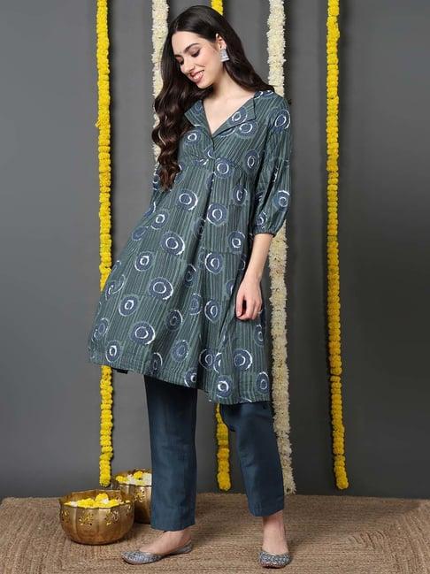 vaamsi green cotton printed a line kurti