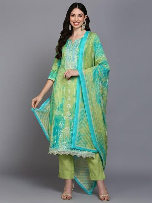 vaamsi green cotton printed kurta pant set with dupatta