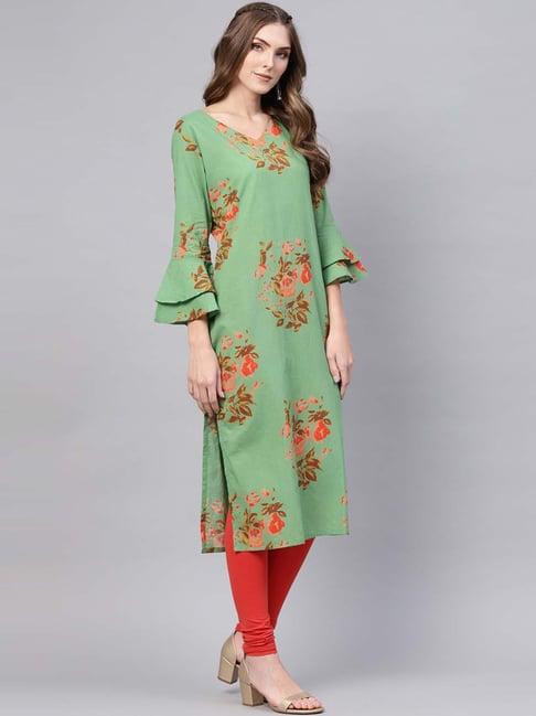 vaamsi green cotton printed straight kurta