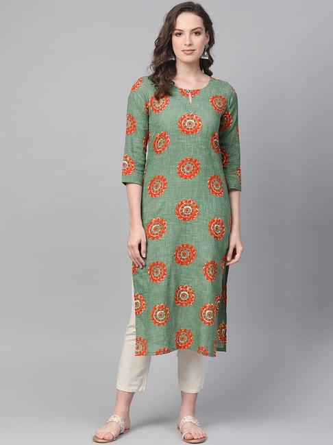 vaamsi green cotton printed straight kurta