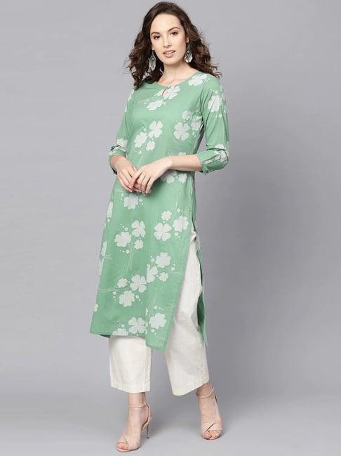 vaamsi green cotton printed straight kurta