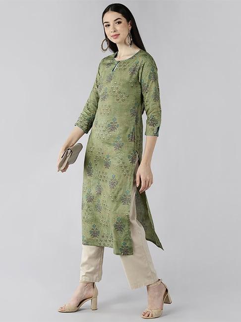 vaamsi green cotton printed straight kurta