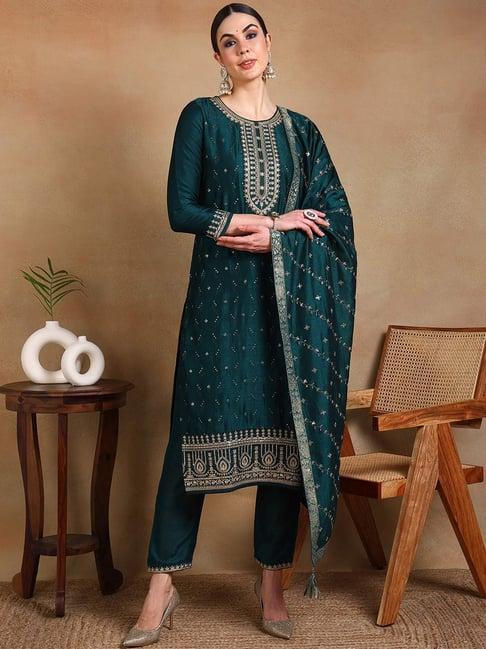 vaamsi green embroidered kurta pant set with dupatta