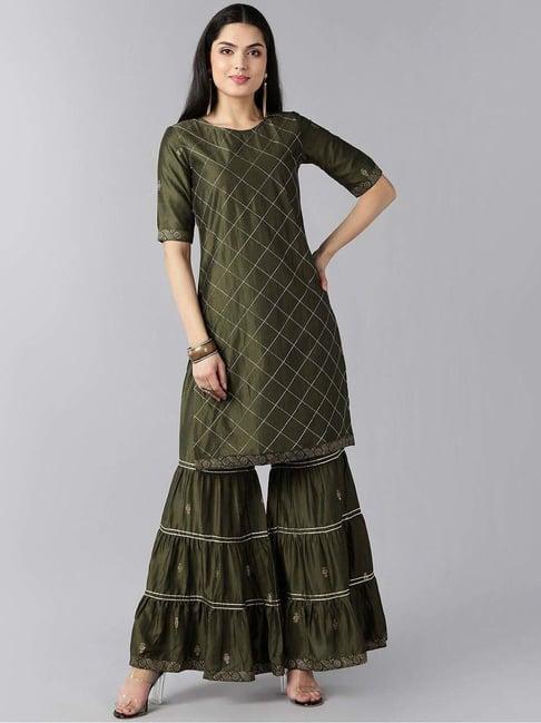 vaamsi green embroidered kurta sharara set