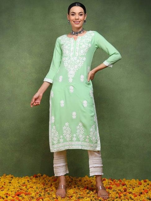 vaamsi green embroidered straight kurta