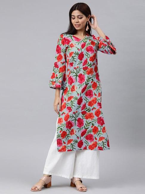 vaamsi green floral print straight kurta