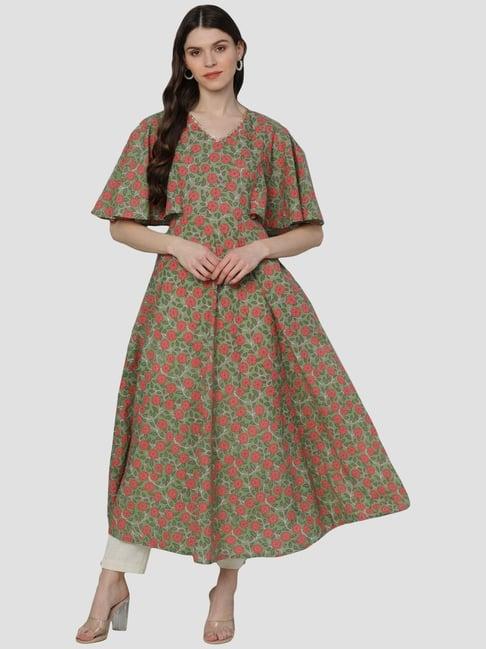 vaamsi green printed a line kurta