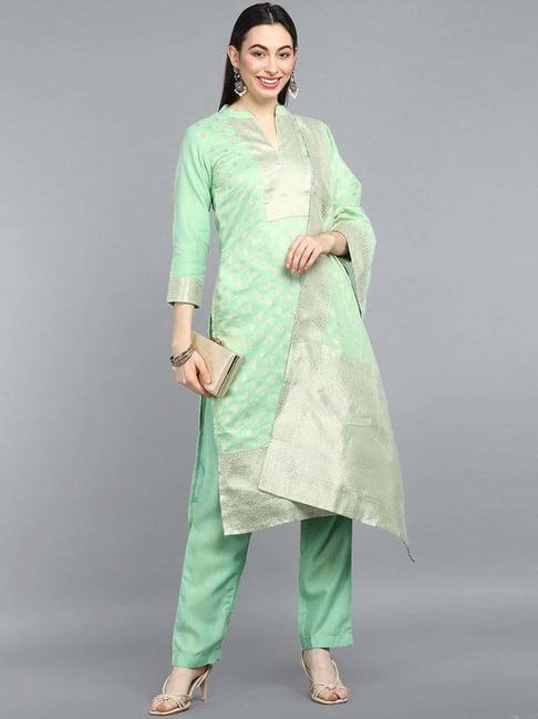vaamsi green woven pattern kurta pant set with dupatta