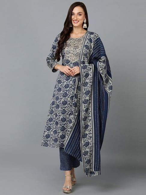 vaamsi grey & blue embroidered kurta pant set with dupatta