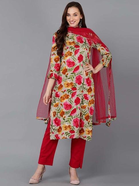 vaamsi grey & red cotton blend floral print kurta pant set with dupatta