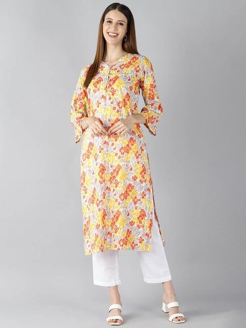 vaamsi grey cotton floral print straight kurta