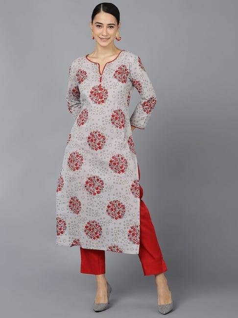 vaamsi grey cotton floral print straight kurta