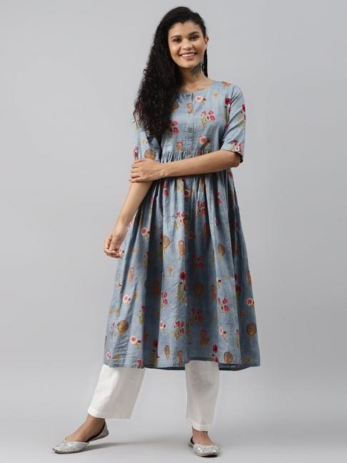 vaamsi grey cotton printed a line kurta