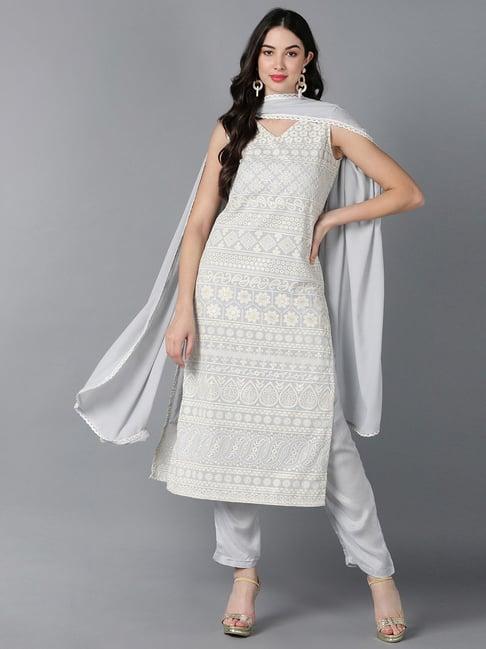 vaamsi grey embroidered kurta pant set with dupatta