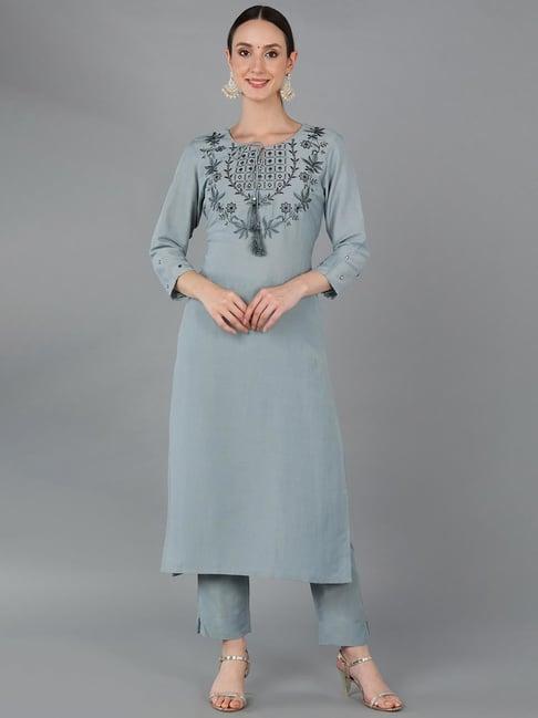 vaamsi grey embroidered straight kurta
