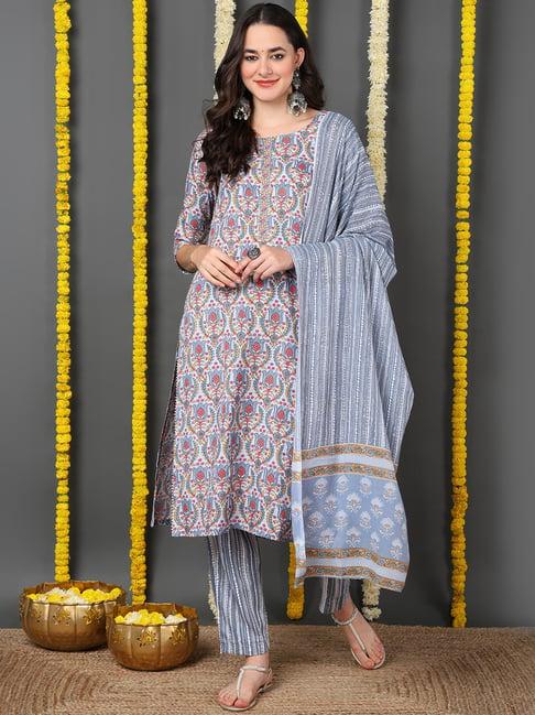 vaamsi grey floral kurta with pant & dupatta