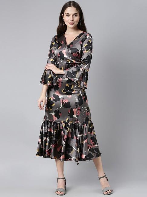 vaamsi grey floral print a-line dress