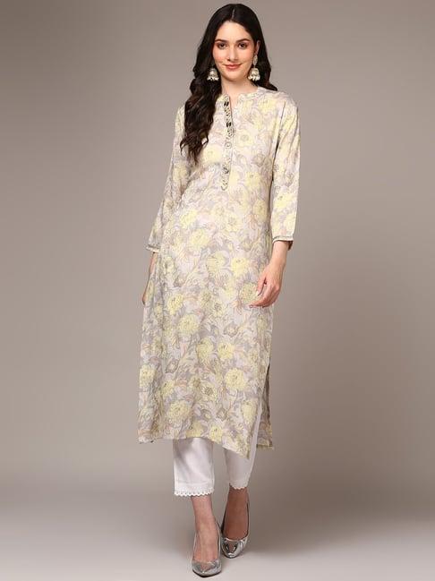 vaamsi grey floral print straight kurta