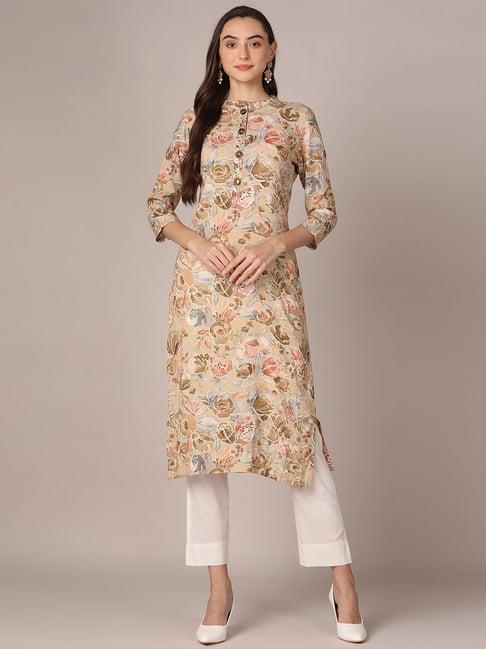 vaamsi khaki floral print straight kurta