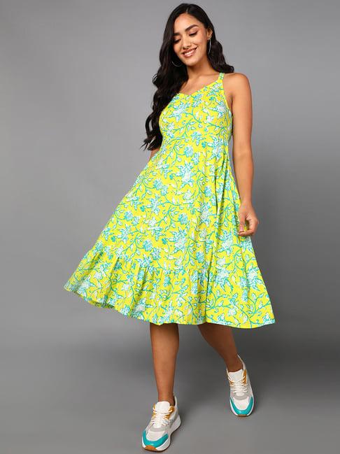 vaamsi lime yellow cotton floral print a-line dress