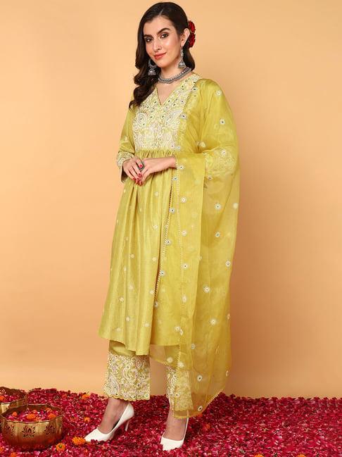 vaamsi lime yellow embroidered kurta with pant & dupatta