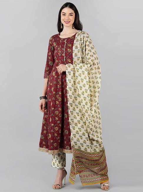 vaamsi maroon & beige cotton floral print kurta pant set with dupatta