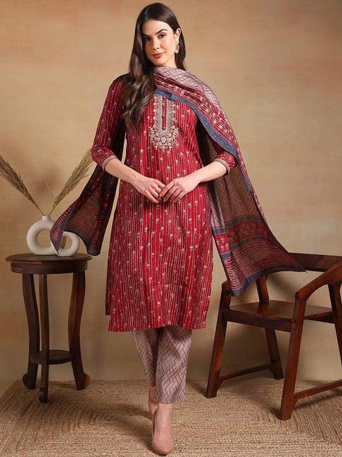 vaamsi maroon & grey embroidered kurta pant set with dupatta