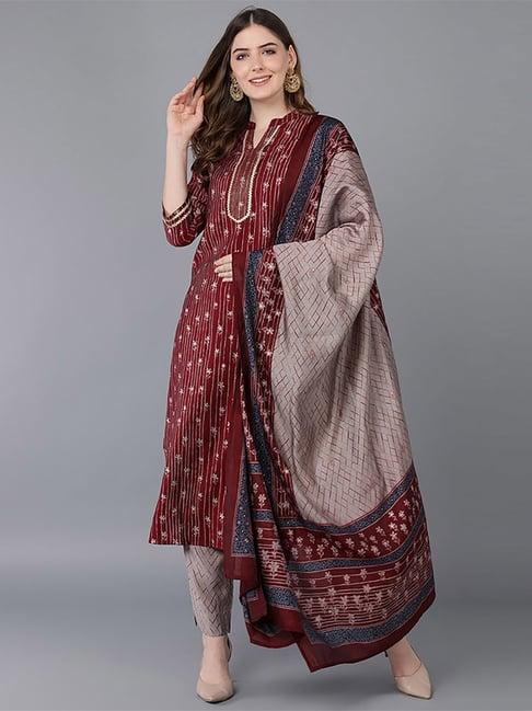 vaamsi maroon & grey floral print kurta pant set with dupatta