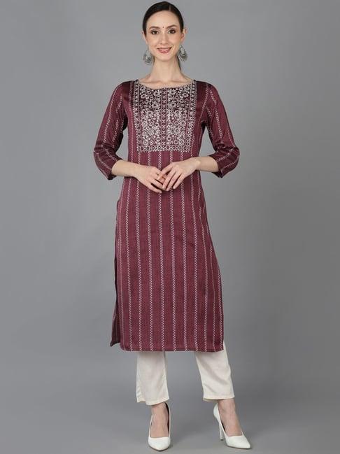 vaamsi maroon cotton embroidered straight kurta