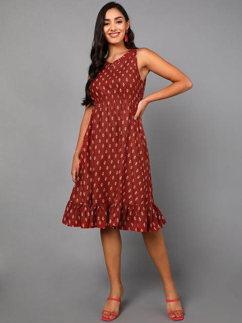 vaamsi maroon cotton printed a-line dress