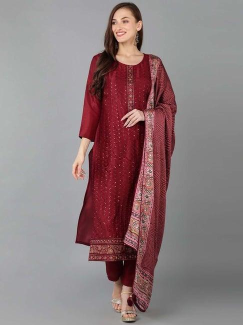 vaamsi maroon embellished kurta pant set with dupatta