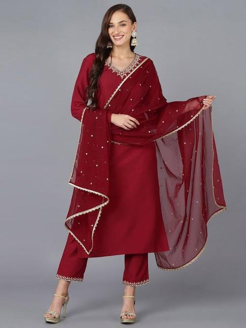 vaamsi maroon embroidered kurta pant set with dupatta