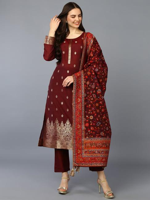 vaamsi maroon embroidered kurta pant set with dupatta